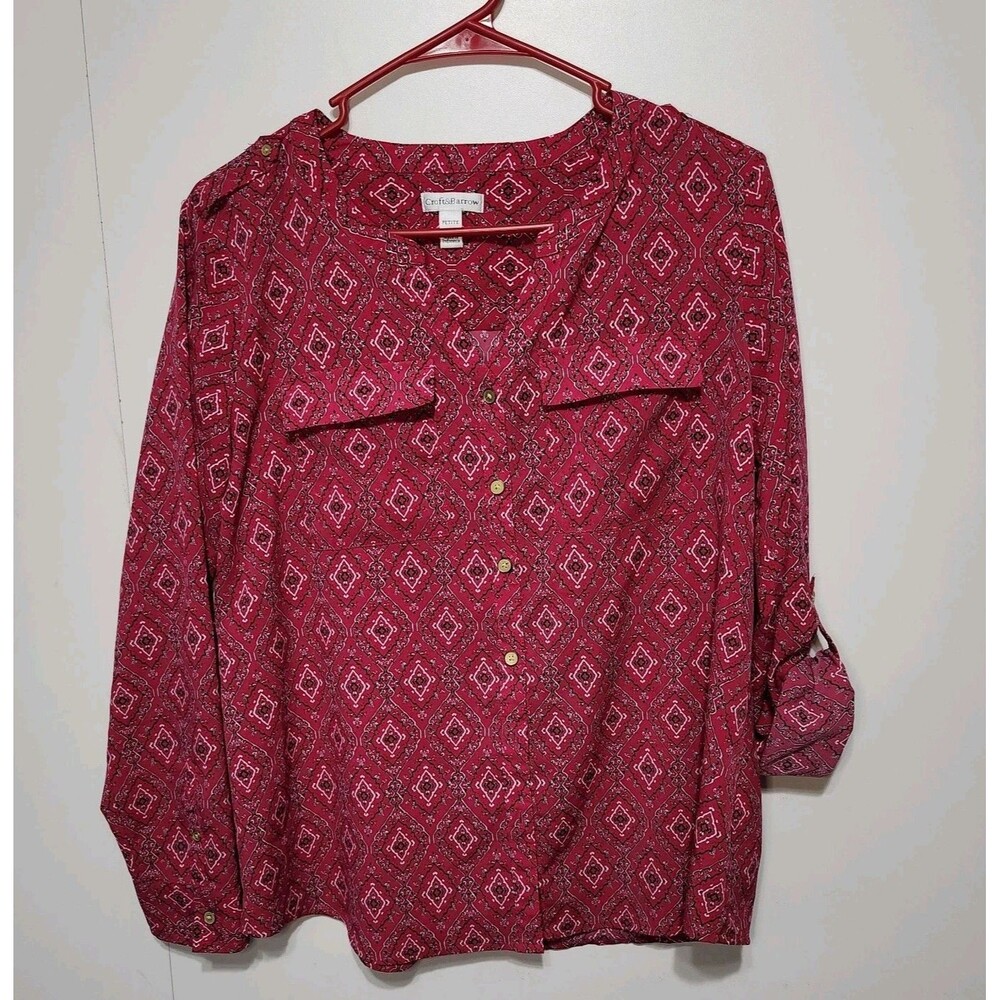 Croft & Barrow Petite Blouse PM Red Pink Geometric Button Down Western Style